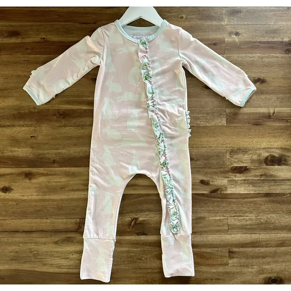 SweetHoney Dreamer Pajama Layette Pink Green Bunny Frolic Long Sleeve Ruffle 2T